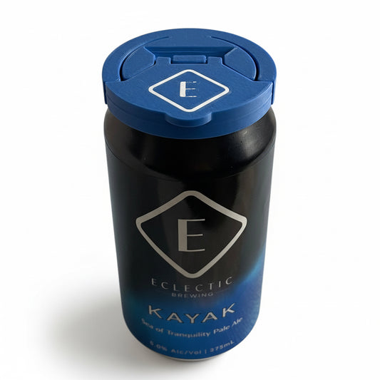 Black and blue bottle with 'E' logo on a white background